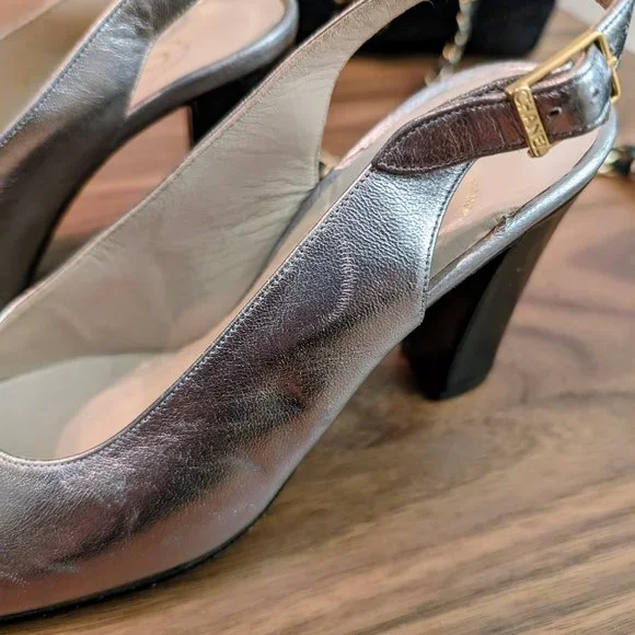 Vintage Chanel Silver Cap Toe Slingback Block Heel Pumps, Sz 36 - Picture 4 of 10